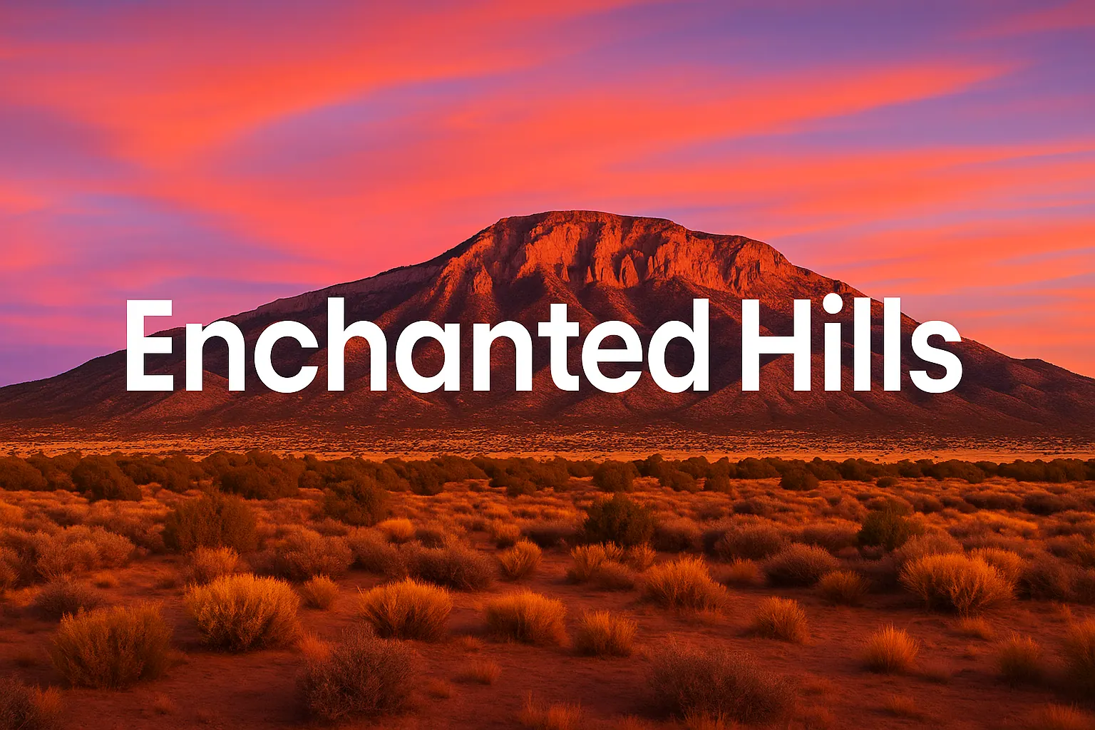 Enchanted Hills, New Mexico landscape at sunset with the neighborhood name in bold white letters