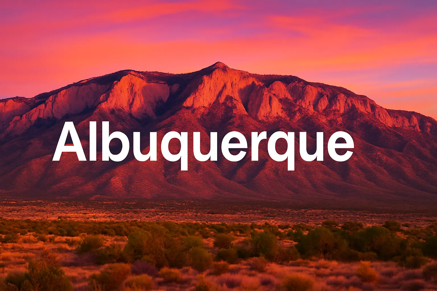 Sandia Mountains at sunset with Albuquerque in bold white letters
