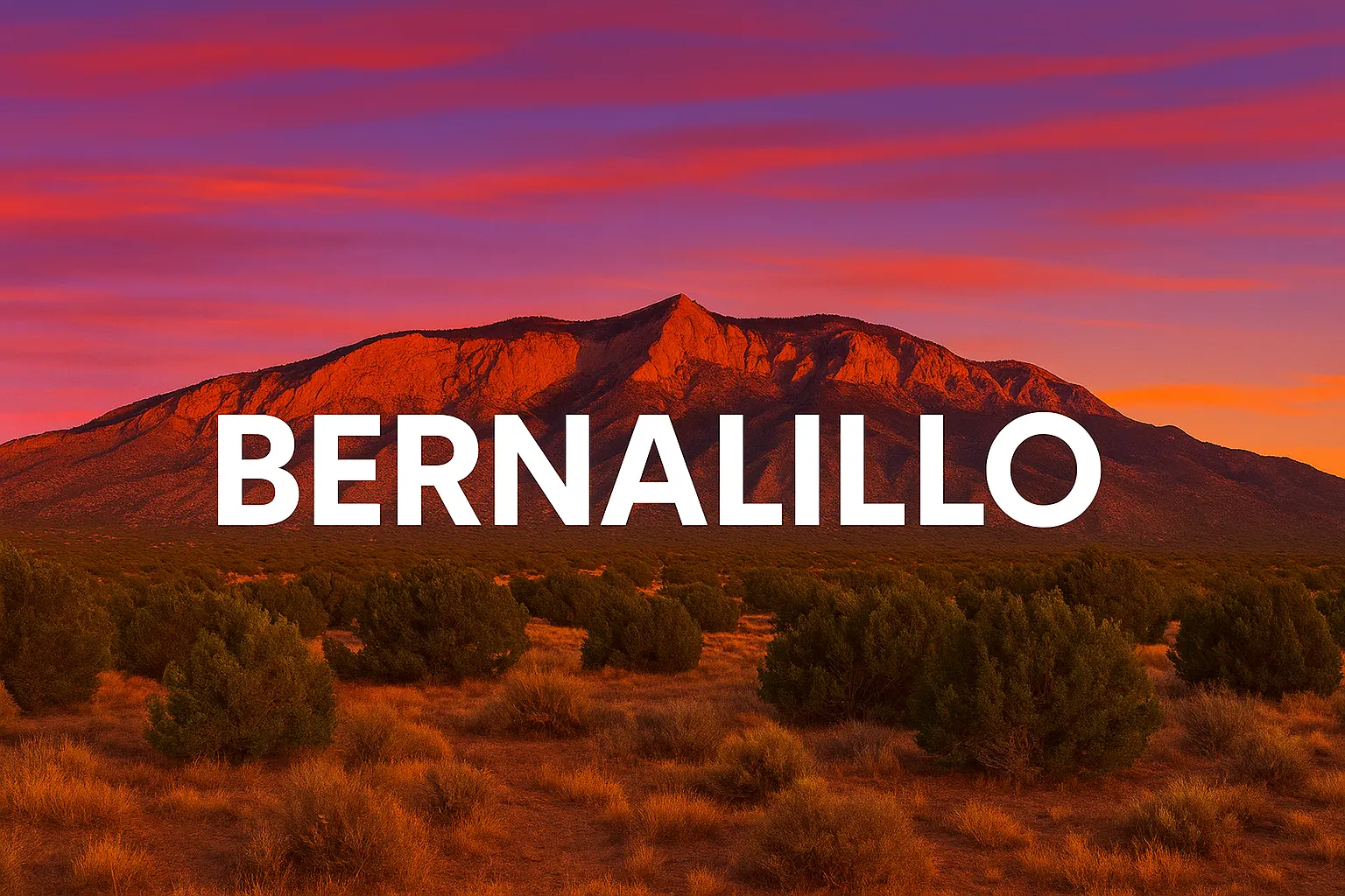 Bernalillo, New Mexico landscape at sunset with the town name in bold white letters