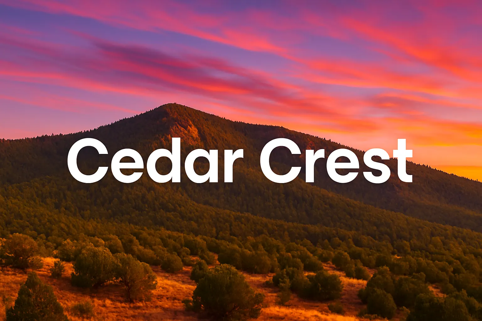 Cedar Crest, New Mexico landscape at sunset with the community name in bold white letters