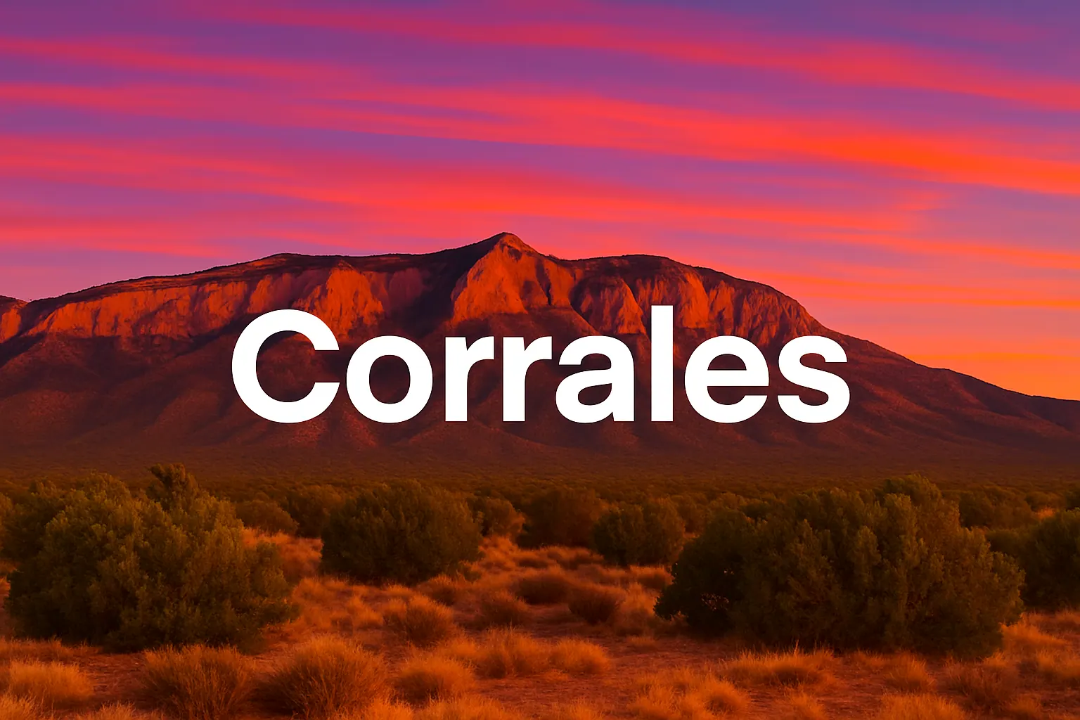 Corrales, New Mexico landscape at sunset with the village name in bold white letters