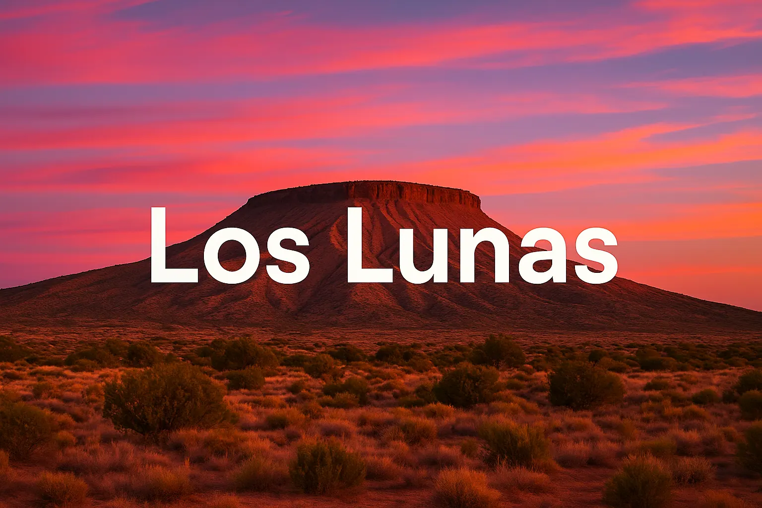Los Lunas, New Mexico landscape at sunset with the village name in bold white letters
