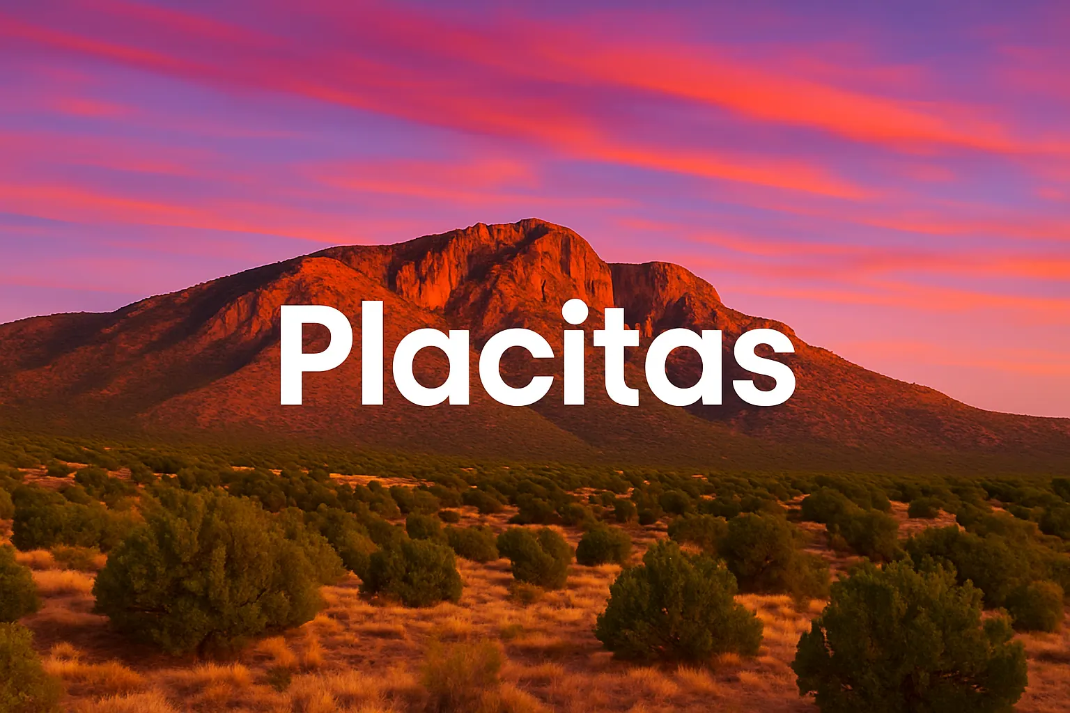 Placitas, New Mexico landscape at sunset with the community name in bold white letters