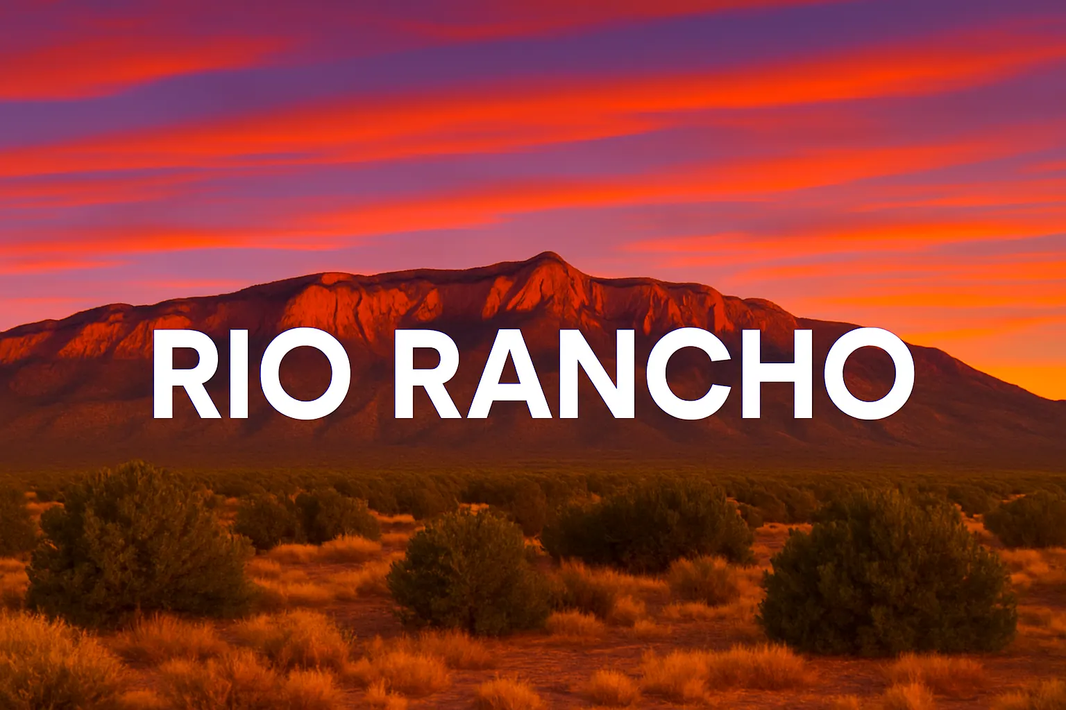 Rio Rancho, New Mexico landscape at sunset with the city name in bold white letters