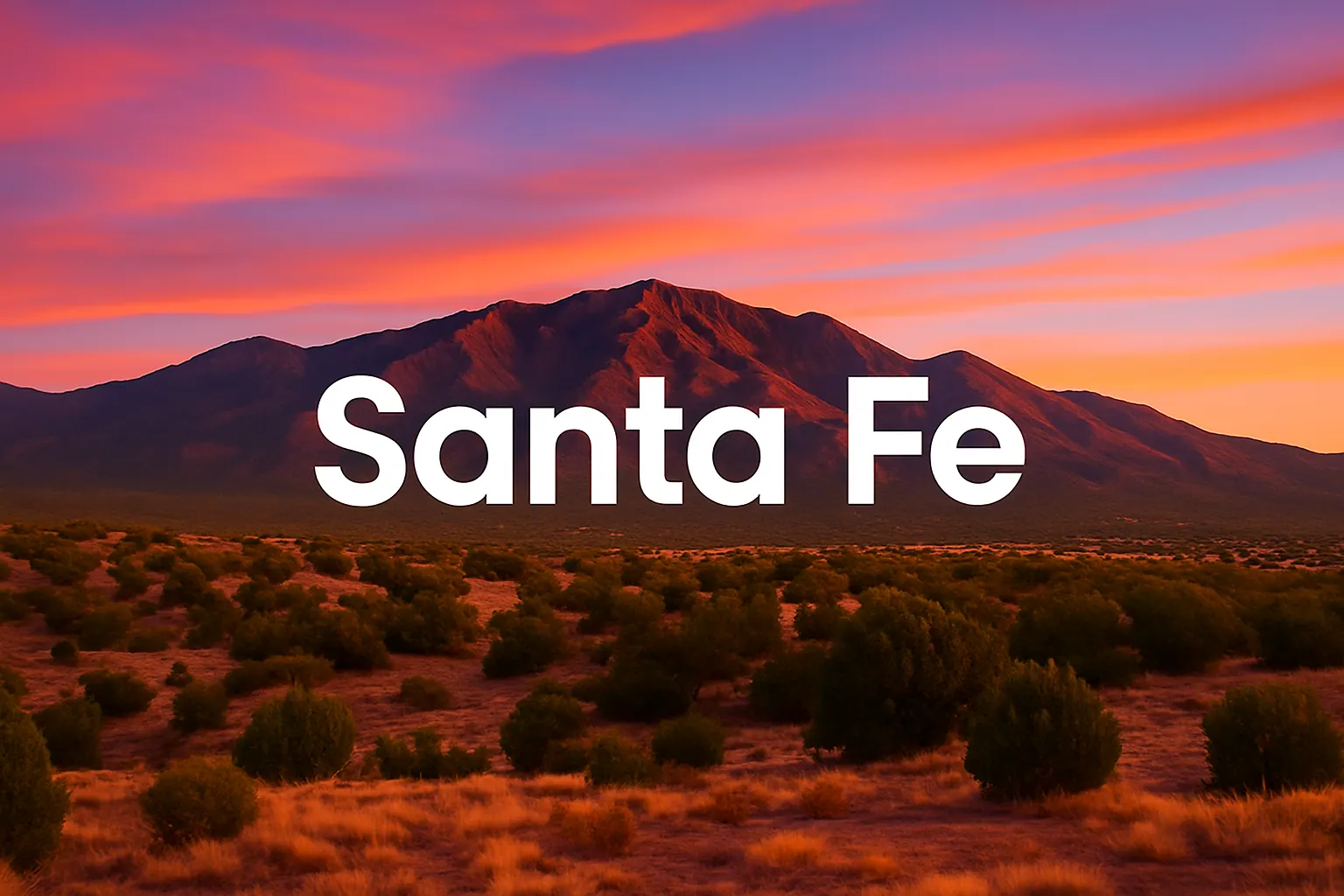 Santa Fe, New Mexico landscape at sunset with the city name in bold white letters