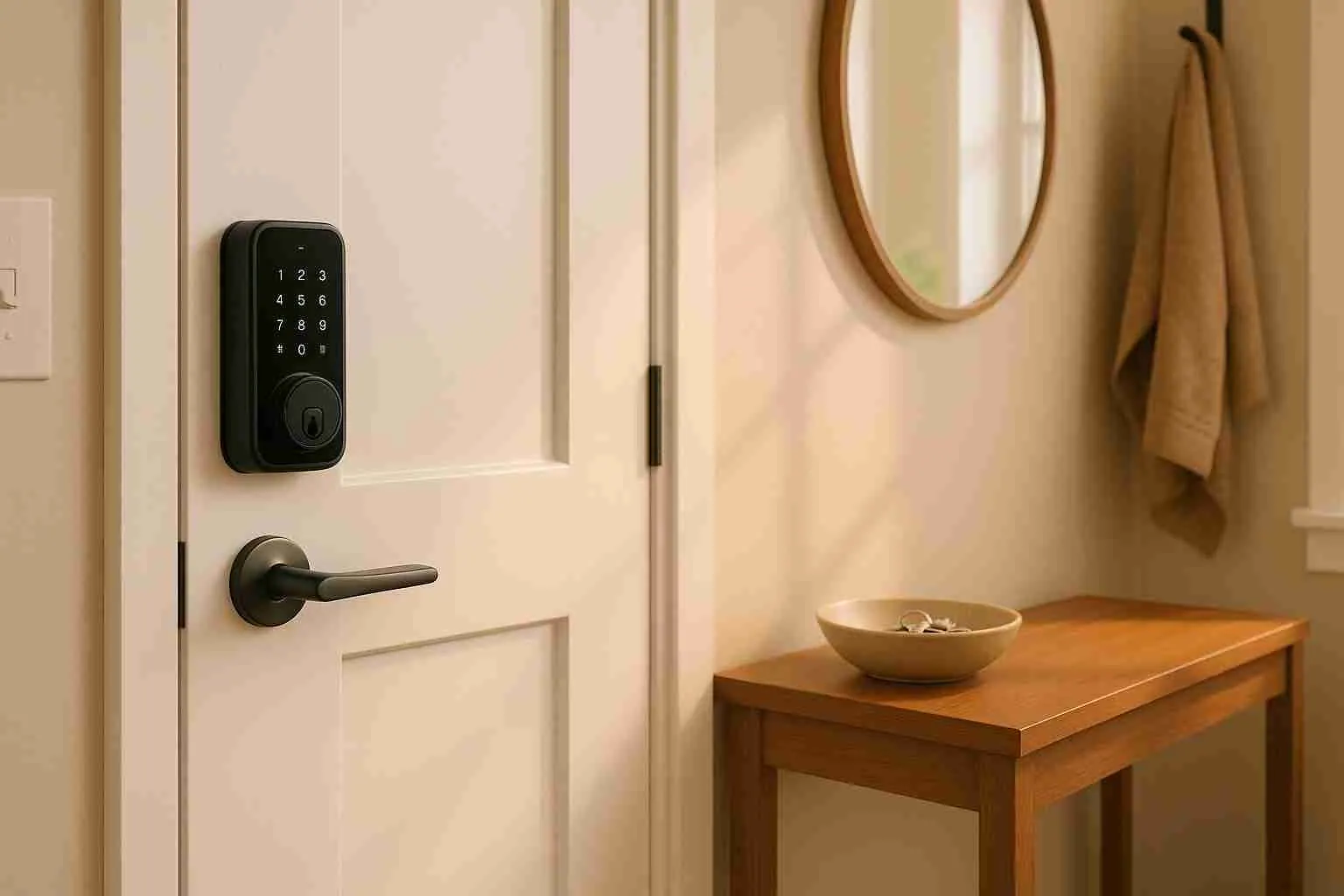 Keypad deadbolt on a white front door in an entryway