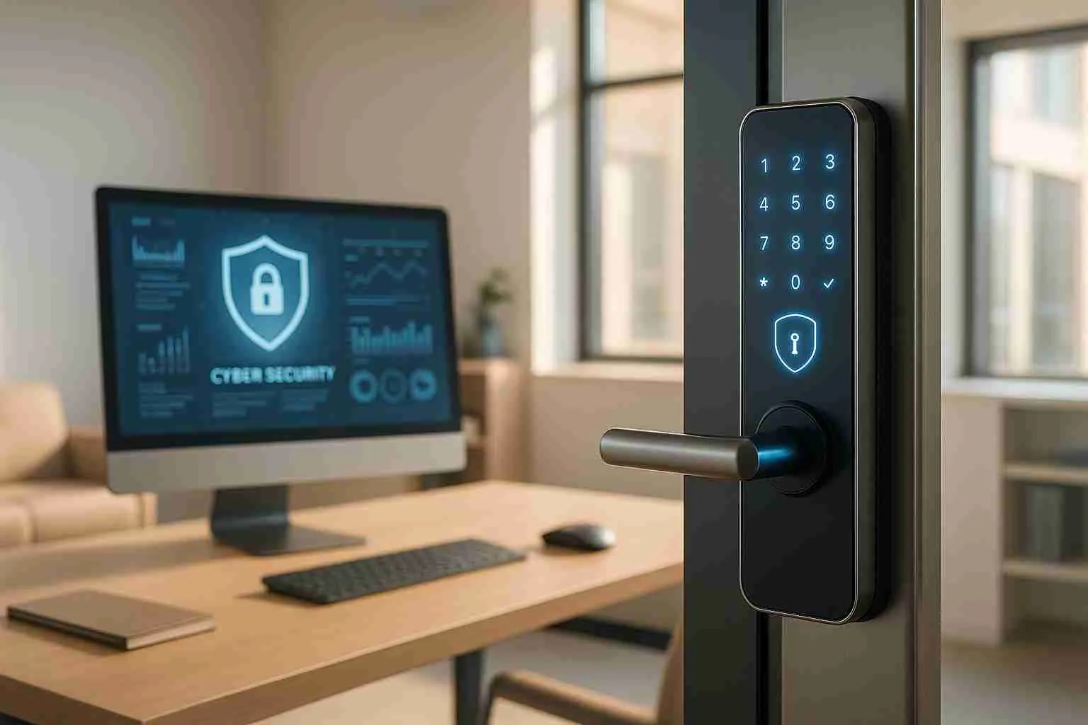 Keypad smart lock on an office door with a security dashboard on a computer monitor