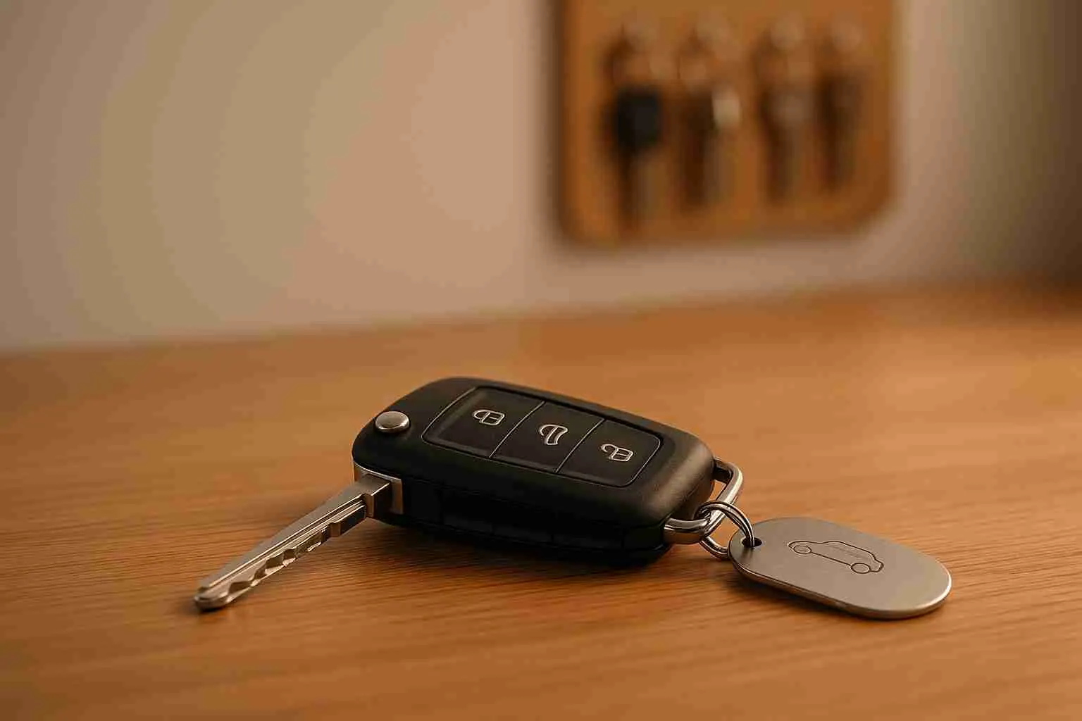 Car key fob and keys on a wooden table