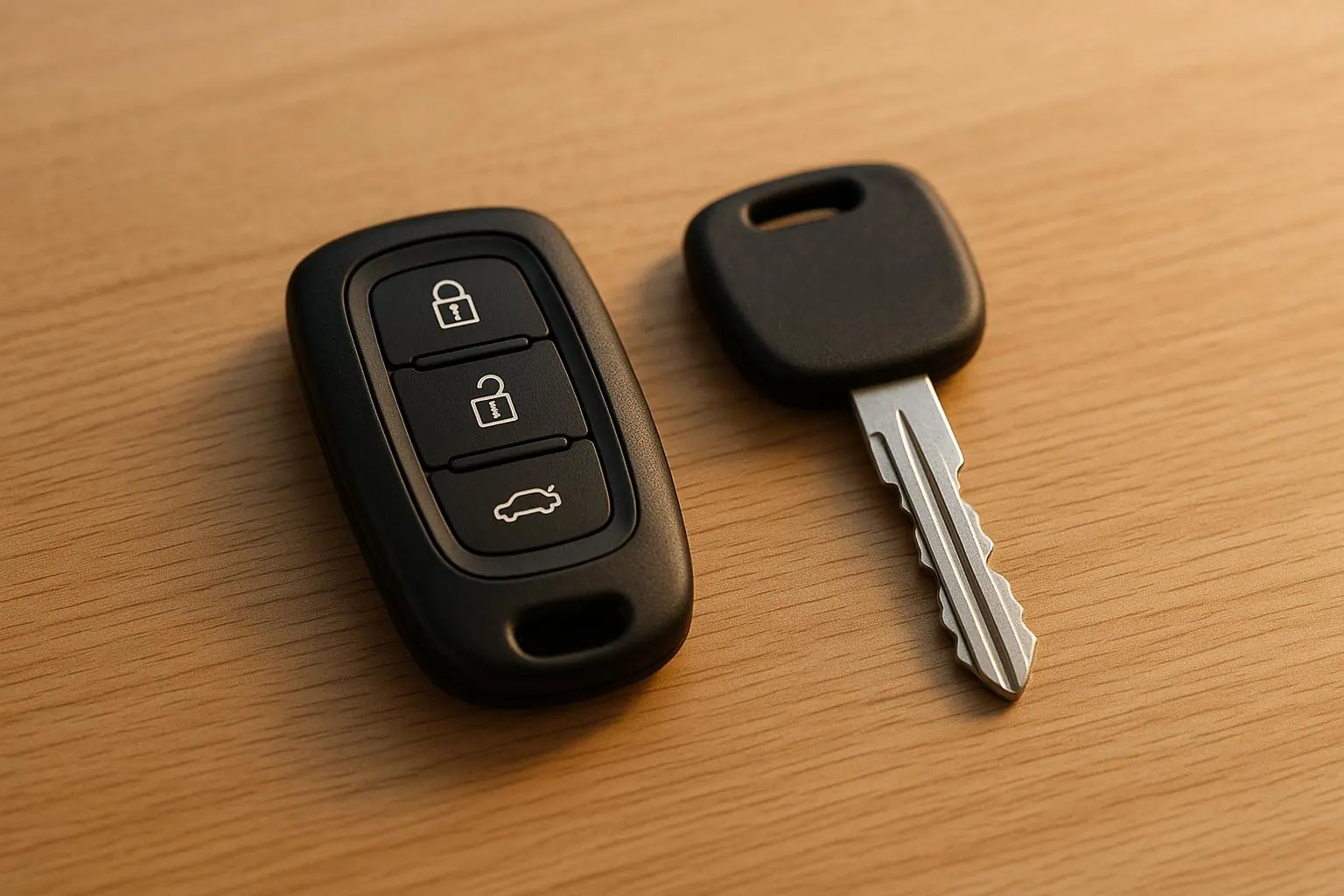 Car key fob and traditional car key side by side on a wooden table