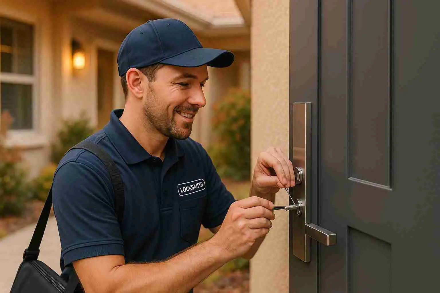 Smiling locksmith in a cap working on a front door lock