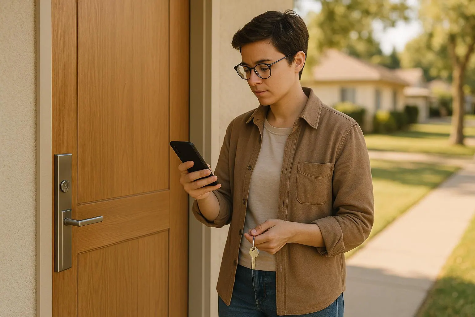 Woman locked out of her house checking her phone at the front door