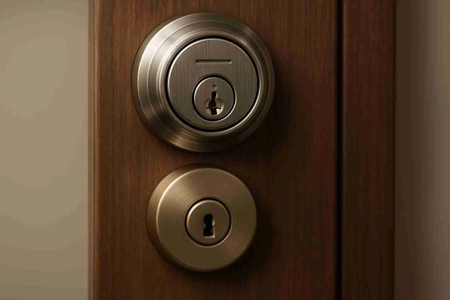 Deadbolt and knob lock on a wooden door