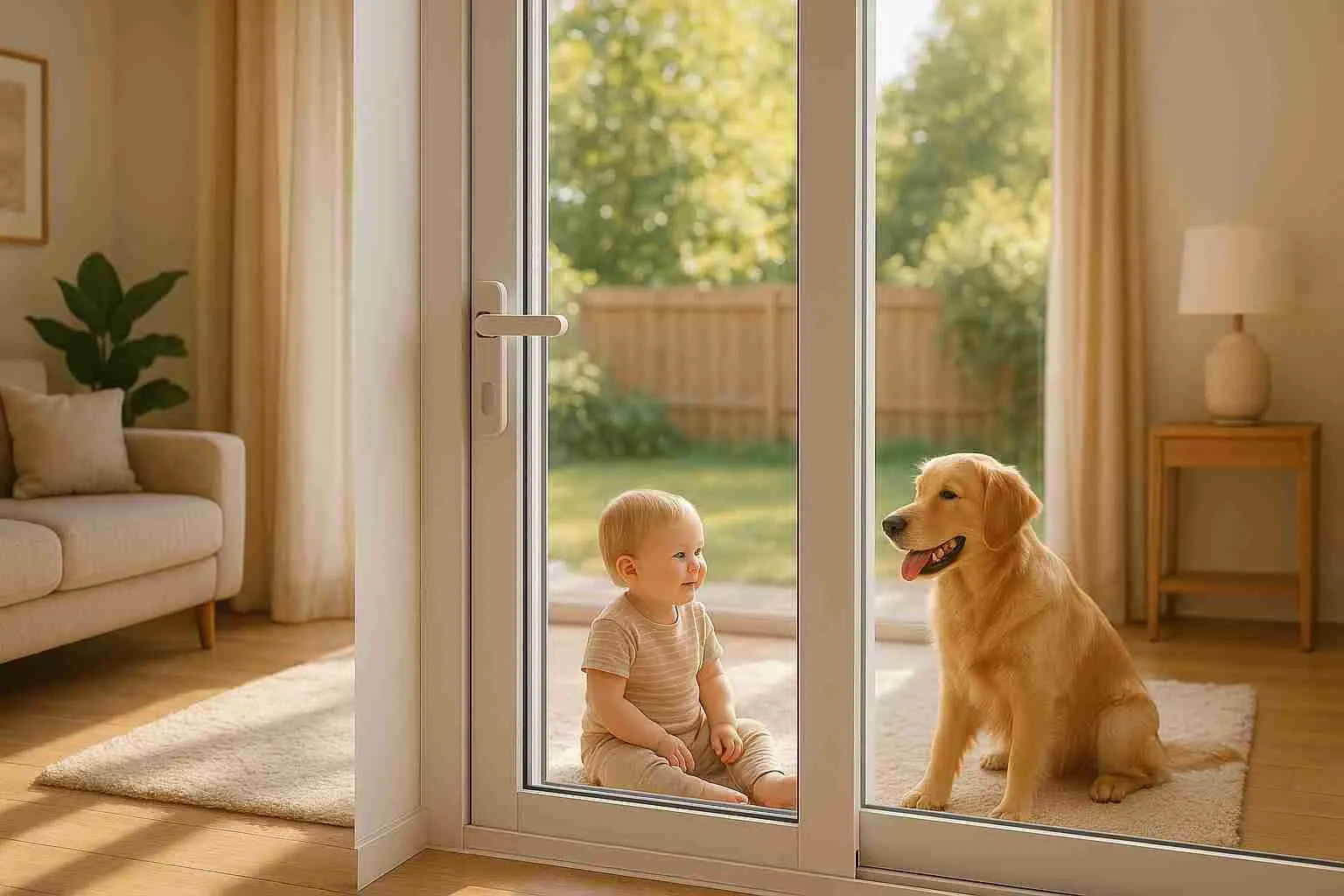 Toddler and golden retriever sitting inside a closed sliding glass door
