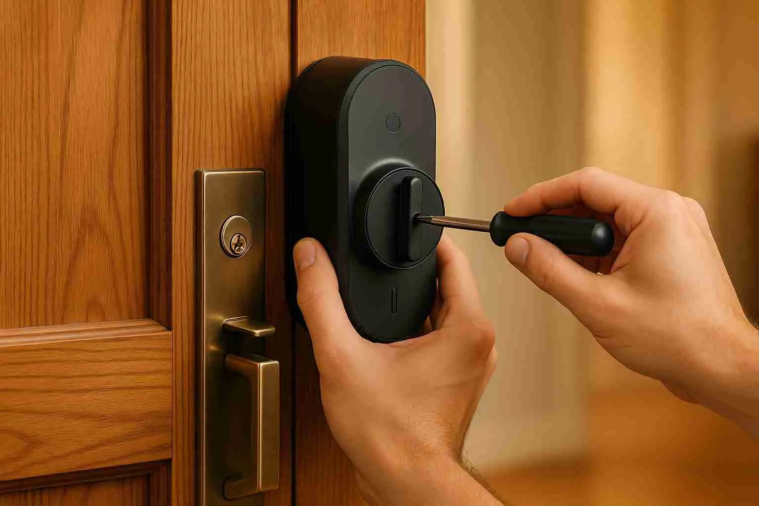 Hands installing a smart lock on a door with a screwdriver