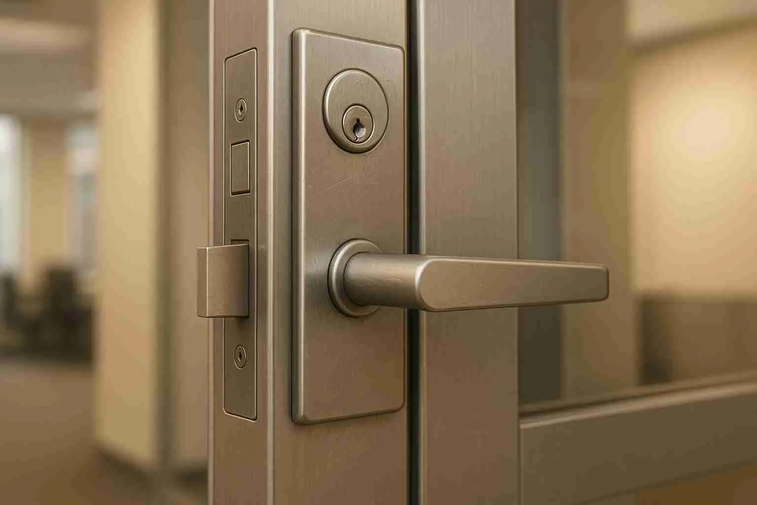 Commercial door with a keyed deadbolt and lever handle