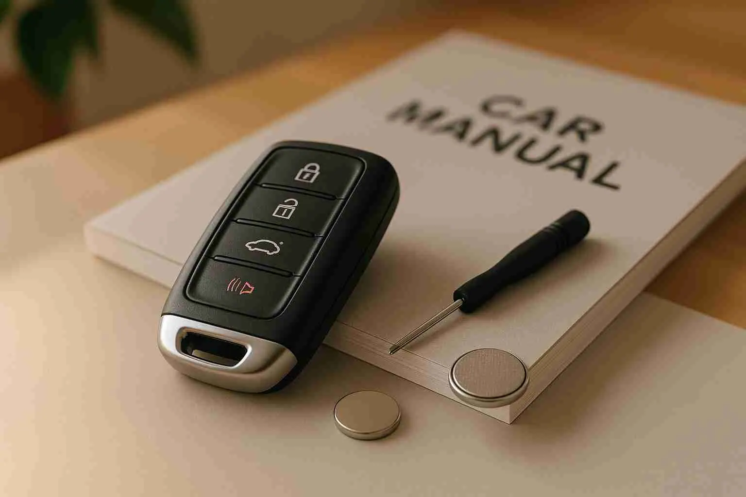 Car key fob, replacement battery and small screwdriver on a car owner's manual