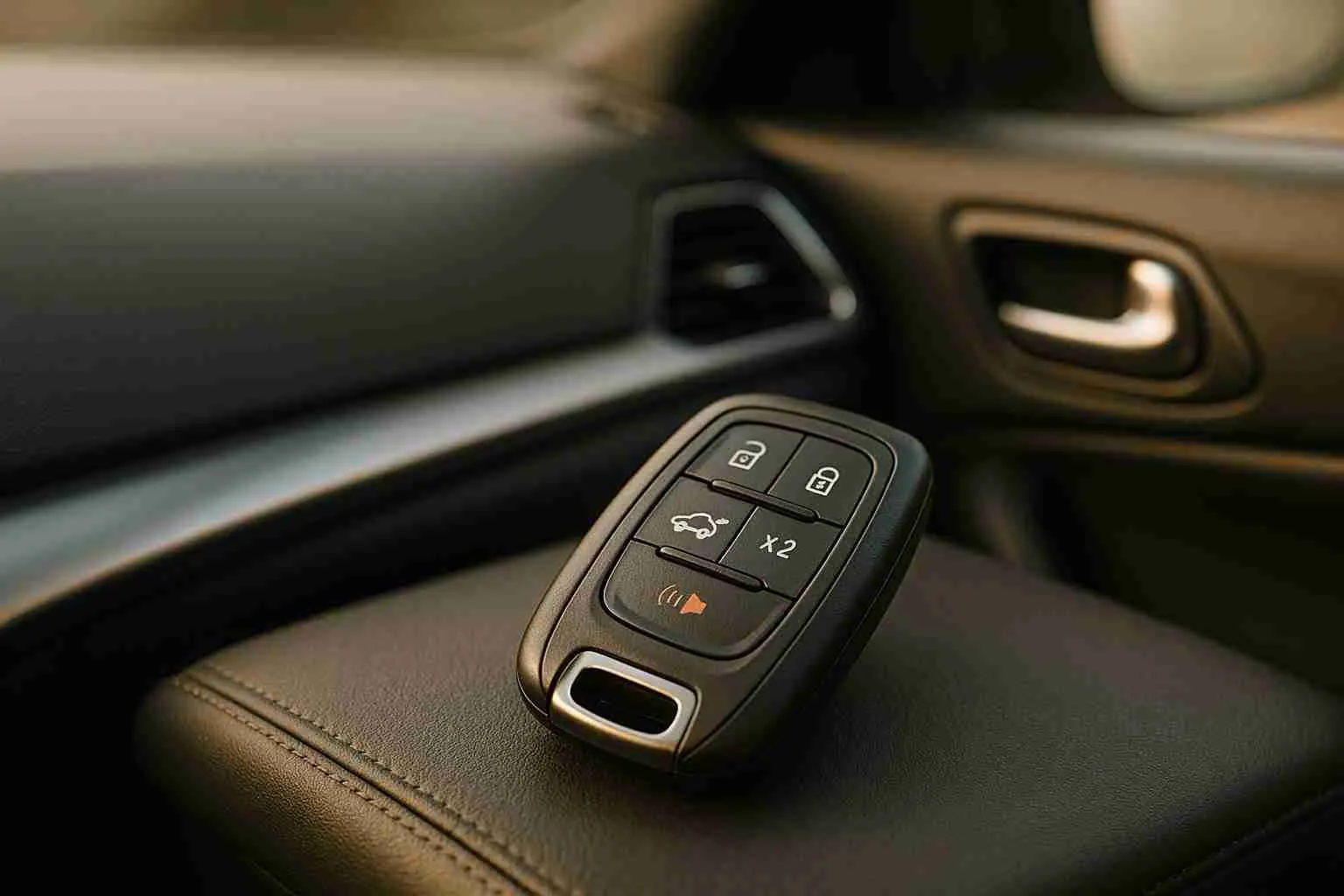 Car key fob resting on a vehicle center console