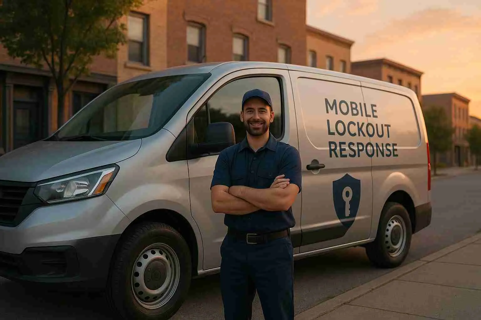 Technician standing beside a mobile lockout response van on a city street