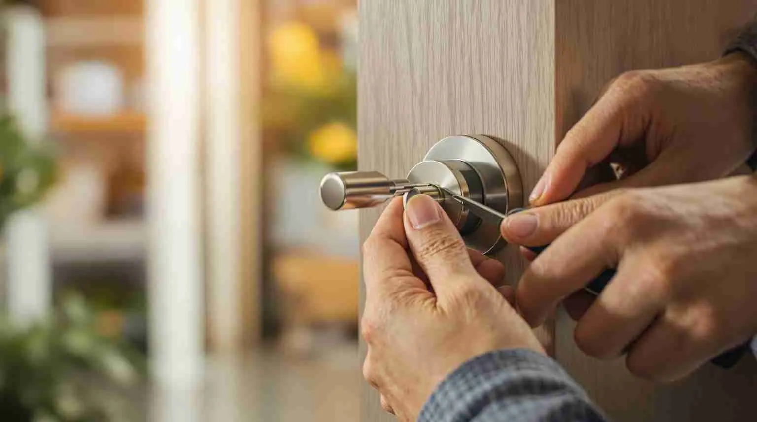 Hands rekeying a door knob lock