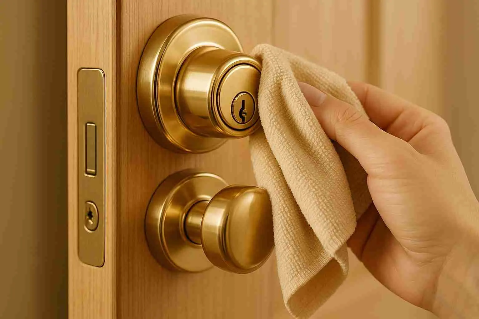 Hand cleaning a brass door knob and deadbolt with a cloth