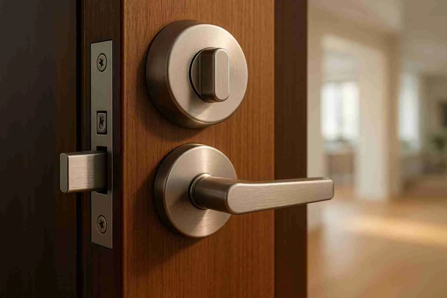 Satin nickel deadbolt above a lever handle on an interior door