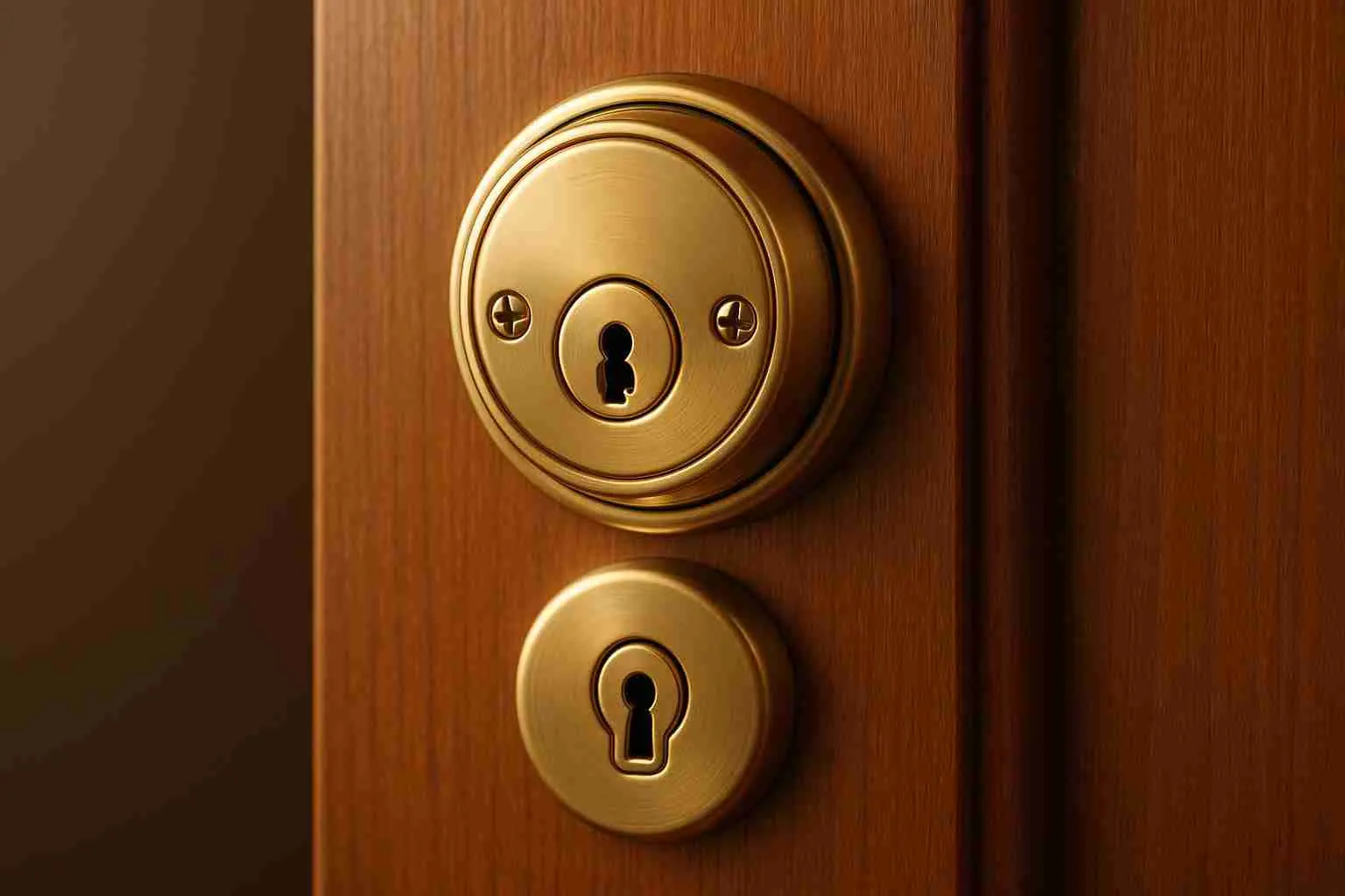 Brass deadbolt and knob lock on a wooden door