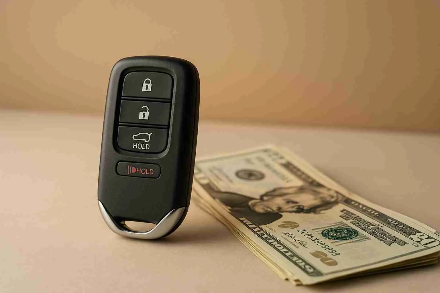 Car key fob next to a stack of US dollar bills