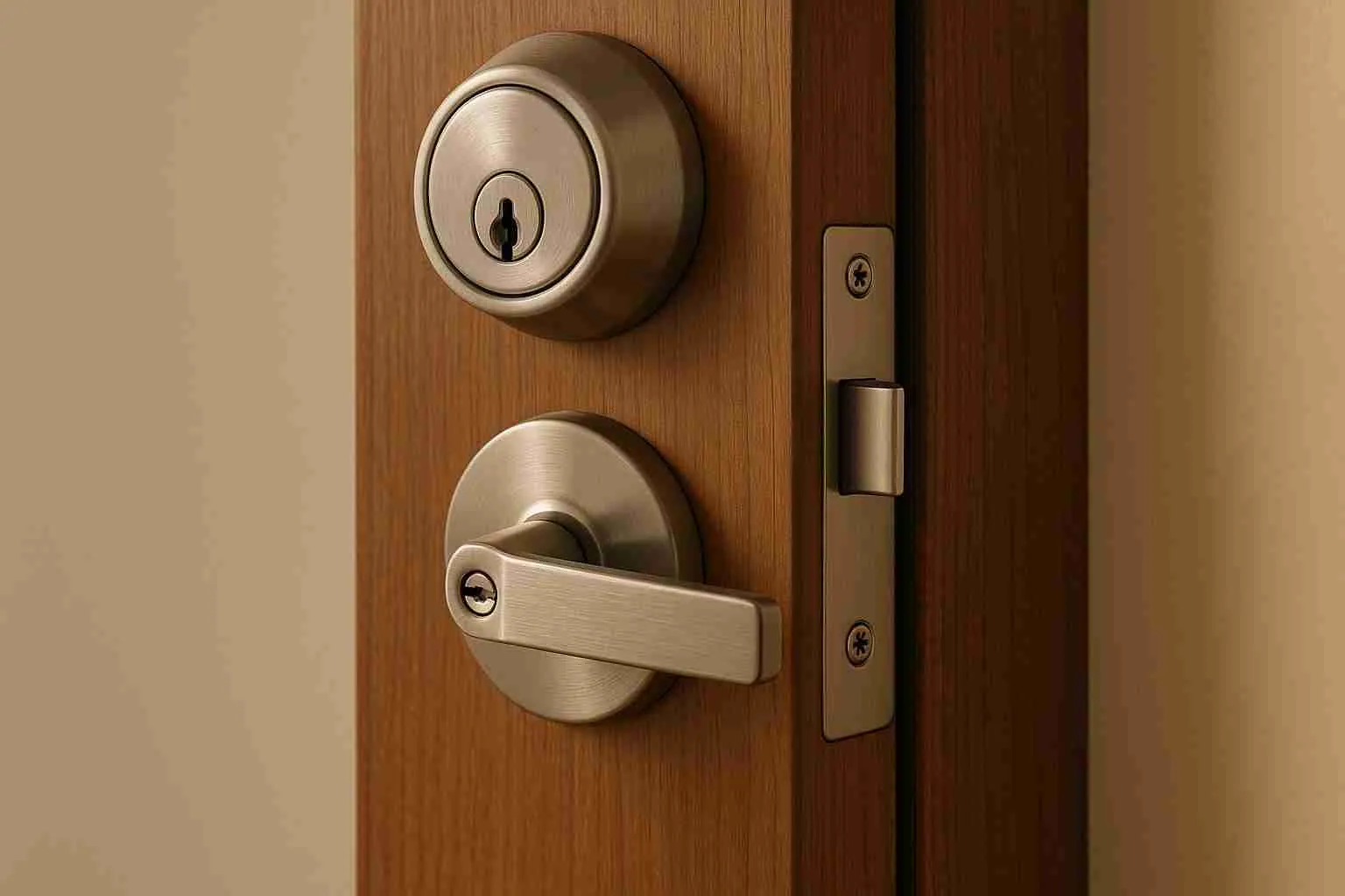 Deadbolt above a lever door handle on a wooden door