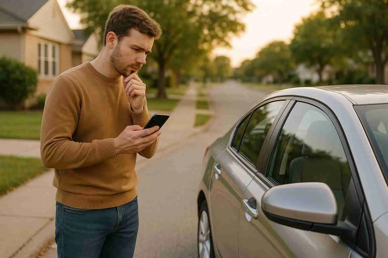 Man standing beside a locked car on a residential street, checking his phone