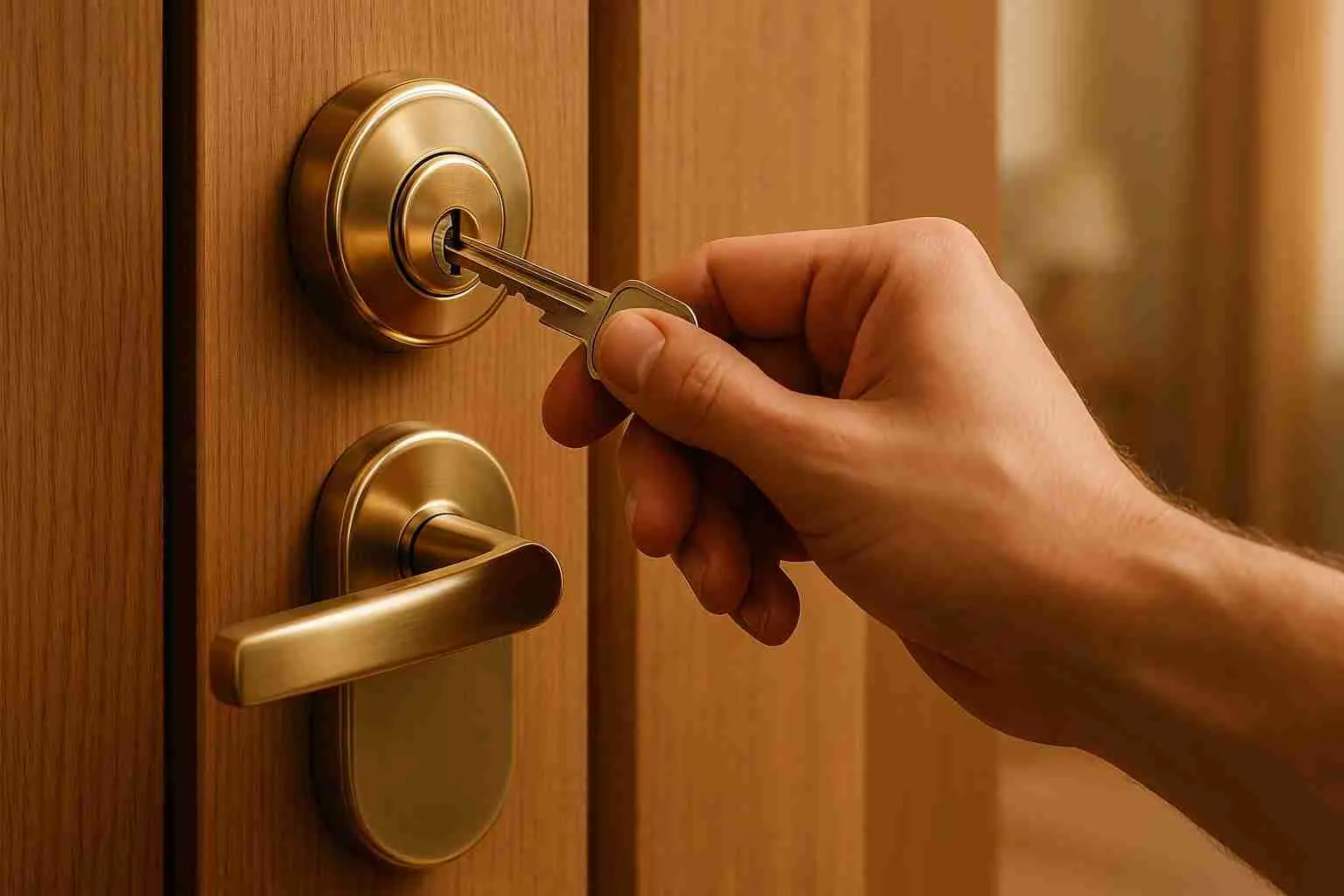 Hand turning a key in a brass door lock