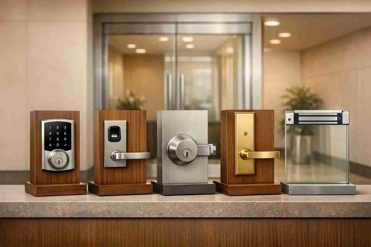 Commercial door locks displayed side by side, including a keypad deadbolt, a smart lock, a lever handle and a magnetic lock