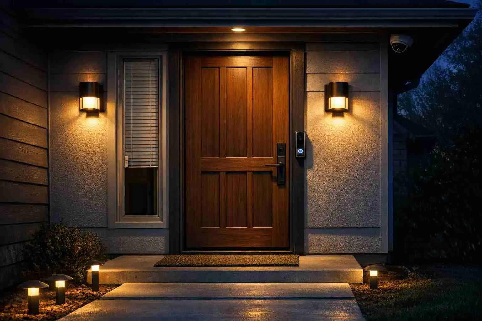 Front door of a home at night lit by porch lights and path lighting