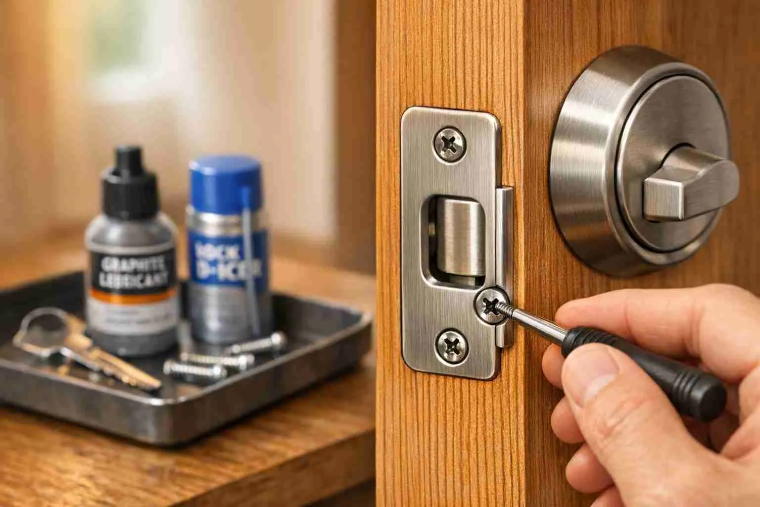 Hand adjusting a door strike plate with a screwdriver beside lock lubricant and tools