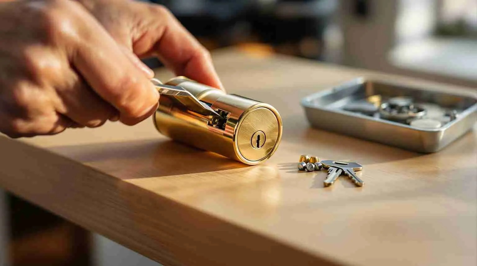 Hands rekeying a brass lock cylinder on a workbench with keys and a parts tray