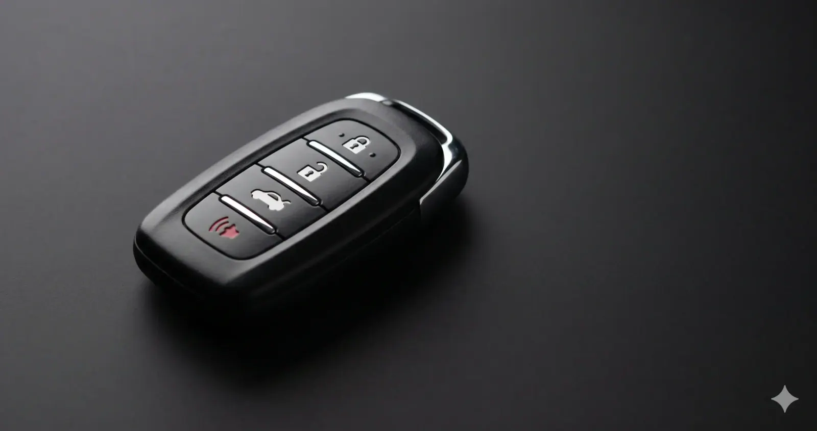 Black smart key fob on a dark matte surface