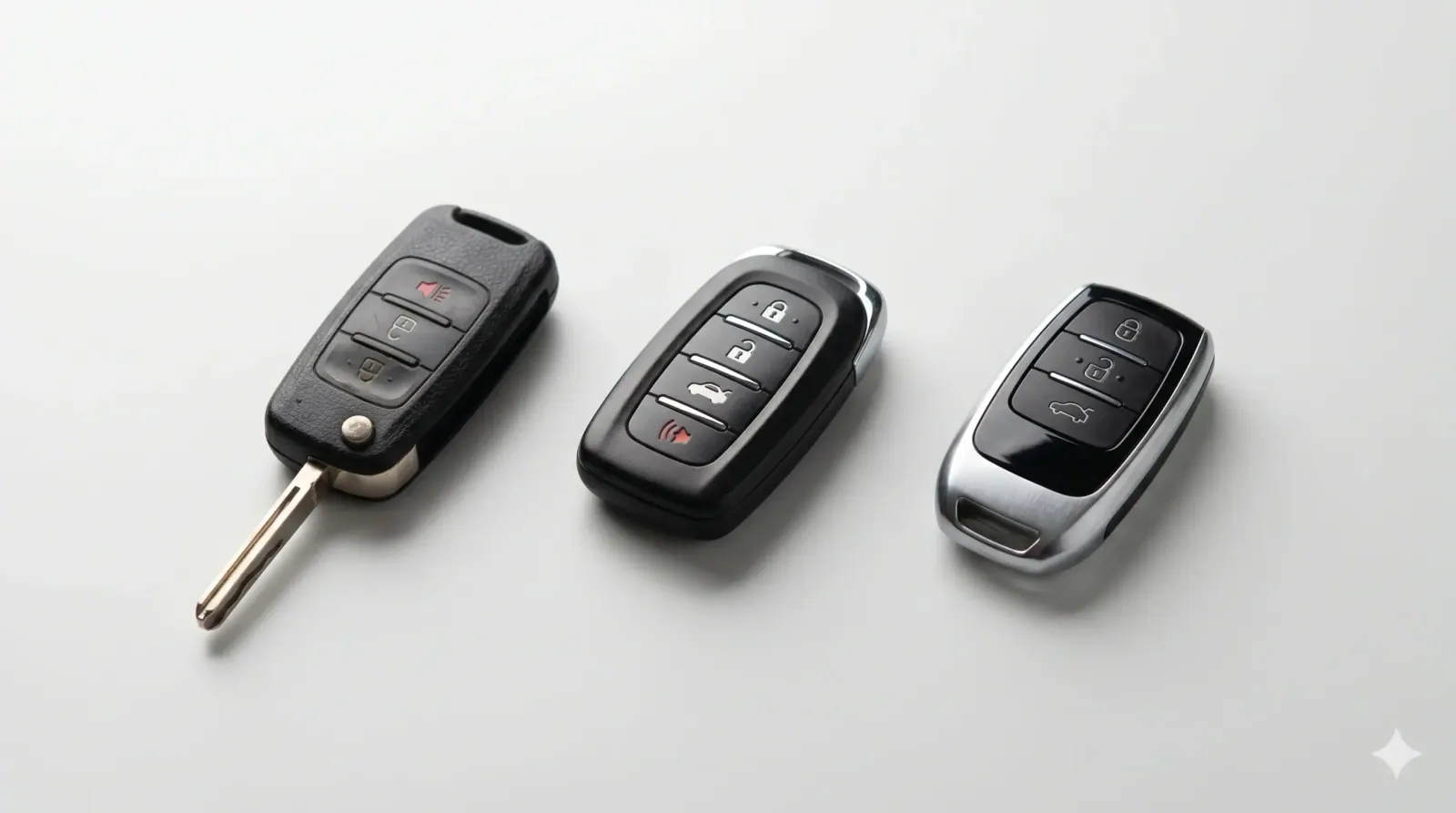 Flip key, proximity fob and smart key fob lined up on a light surface
