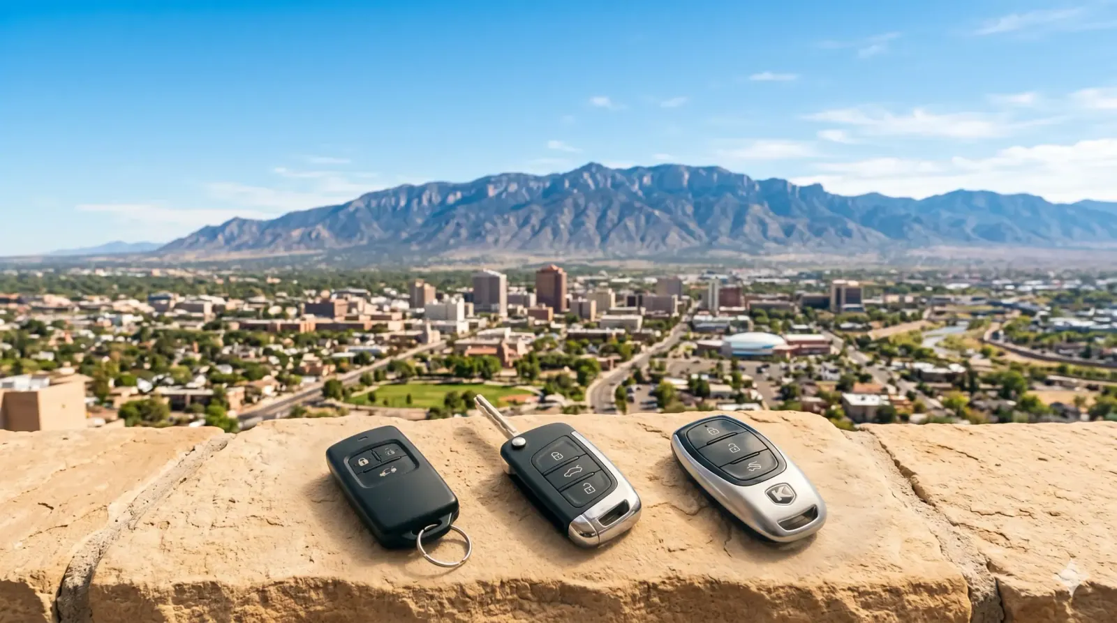Three car key fobs of different generations on a stone ledge overlooking Albuquerque and the Sandia Mountains