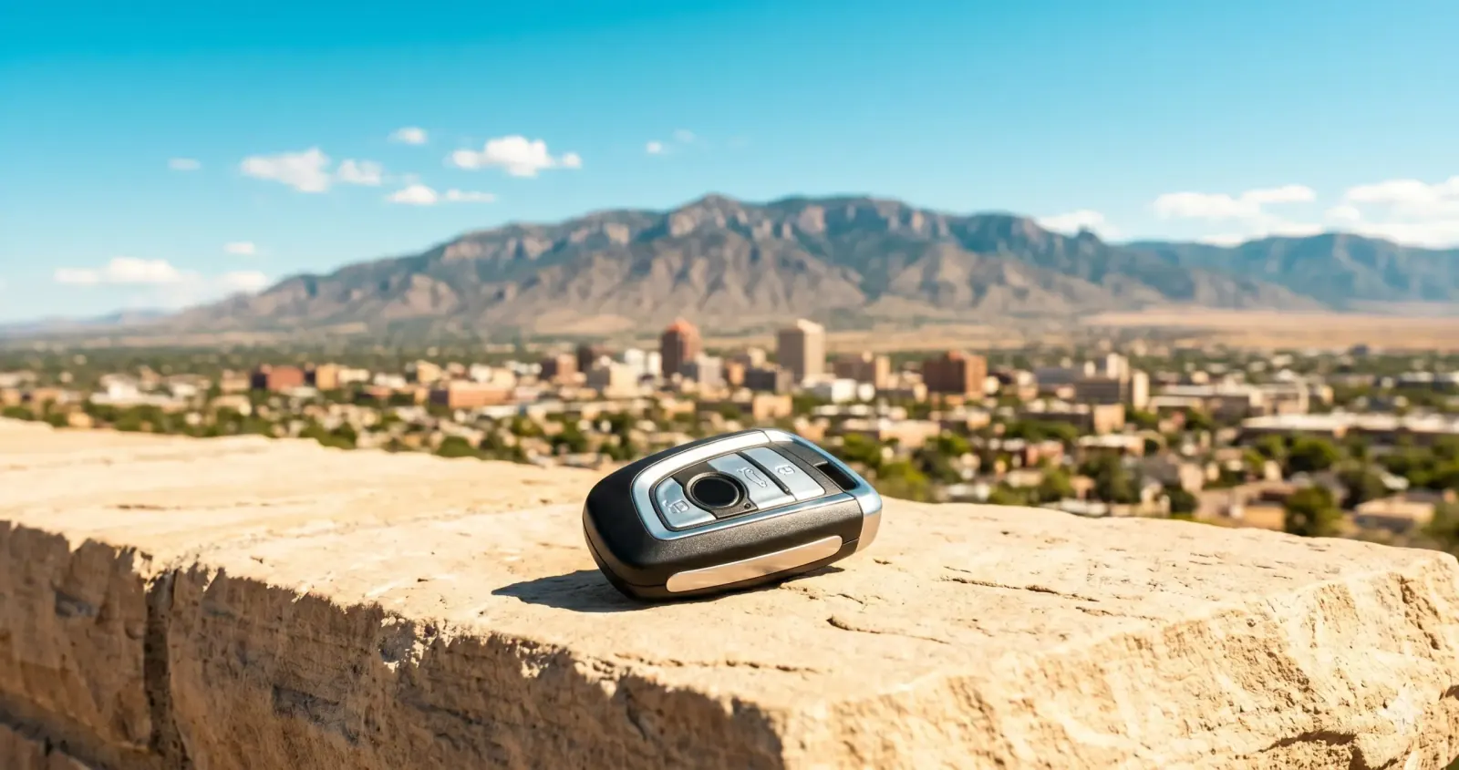 Modern car key fob resting on a sandstone ledge above Albuquerque with the Sandia Mountains in the background